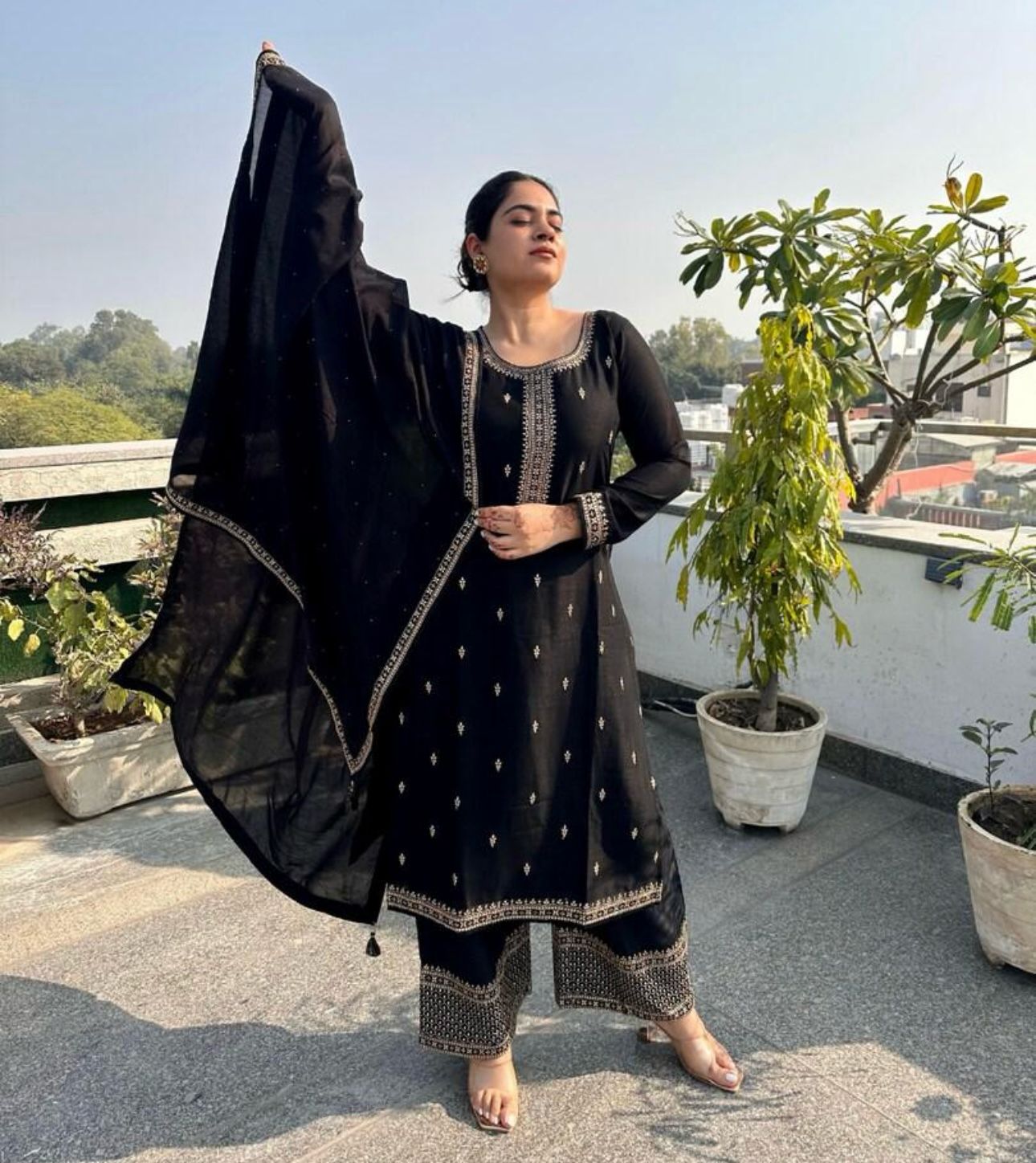 Kurta With Palazzos & Dupatta with Floral Embroidery having Regular Sequinns