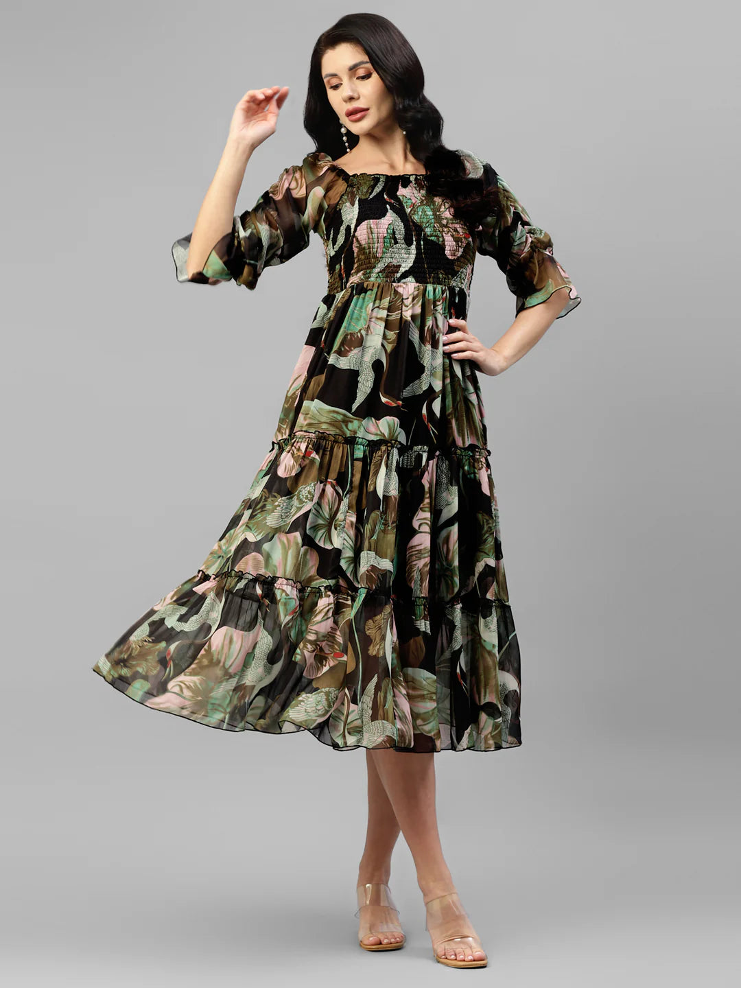 Black Multi Colour Printed Chiffon Smocked Tiered Dress in Germany