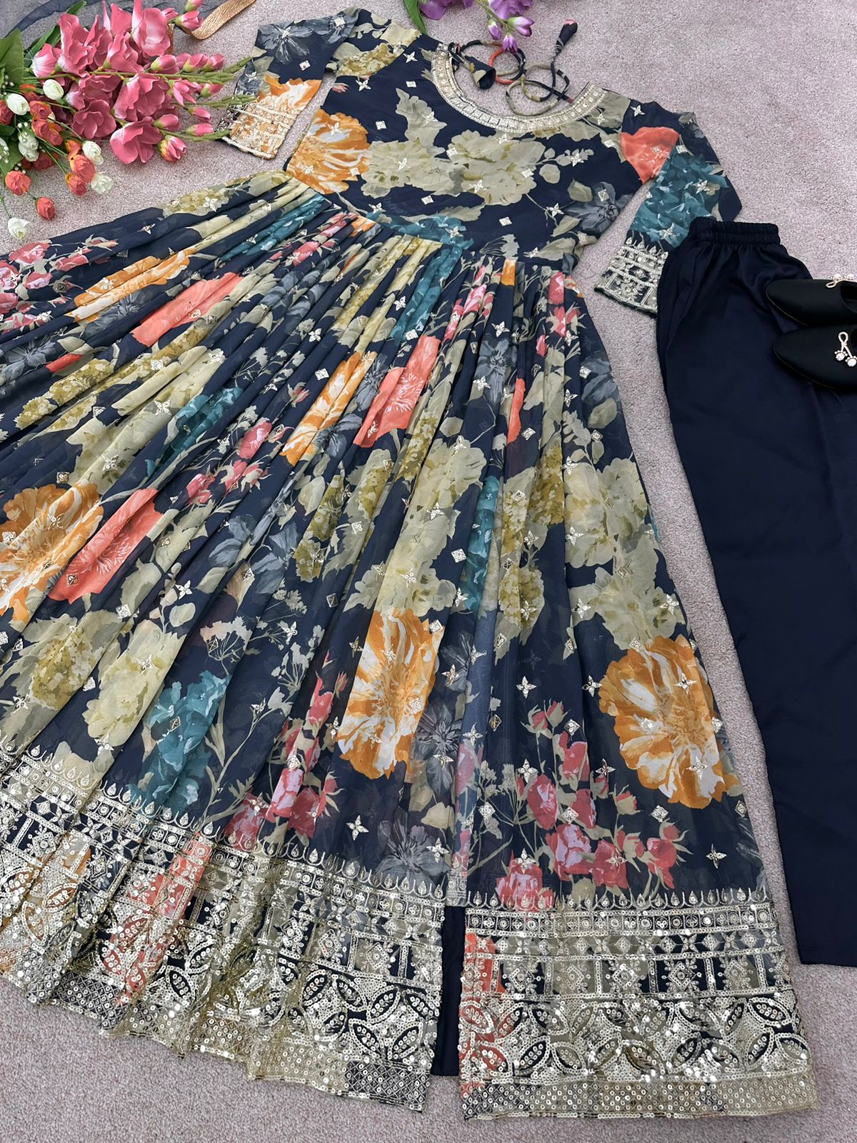 New Designer Party Wear Look Digital Print Top With Embroidery Sequence Work With Bottom and Dupatta
