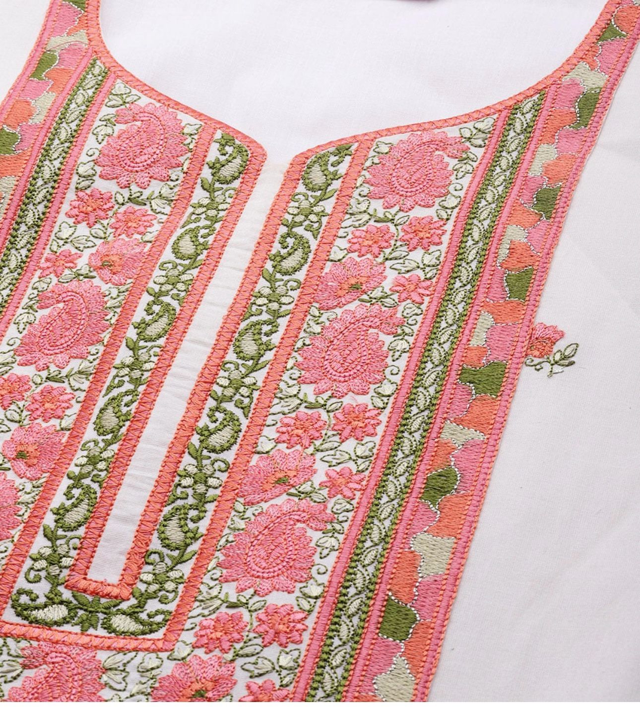 Off White & Pink Cotton Floral Thread Work Kurta with Palazzos & Dupatta