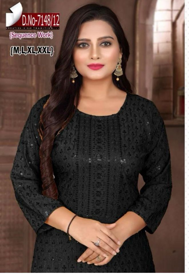 Women Black Embroidered with Sequence Chikankari Straight Kurta