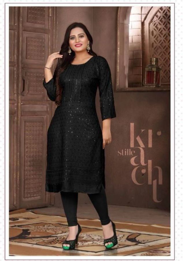 Women Black Embroidered with Sequence Chikankari Straight Kurta