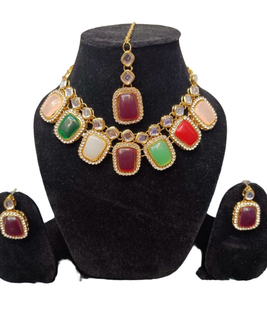 Choker Necklace Kundan & Stone Studded With Earrings Set multi color