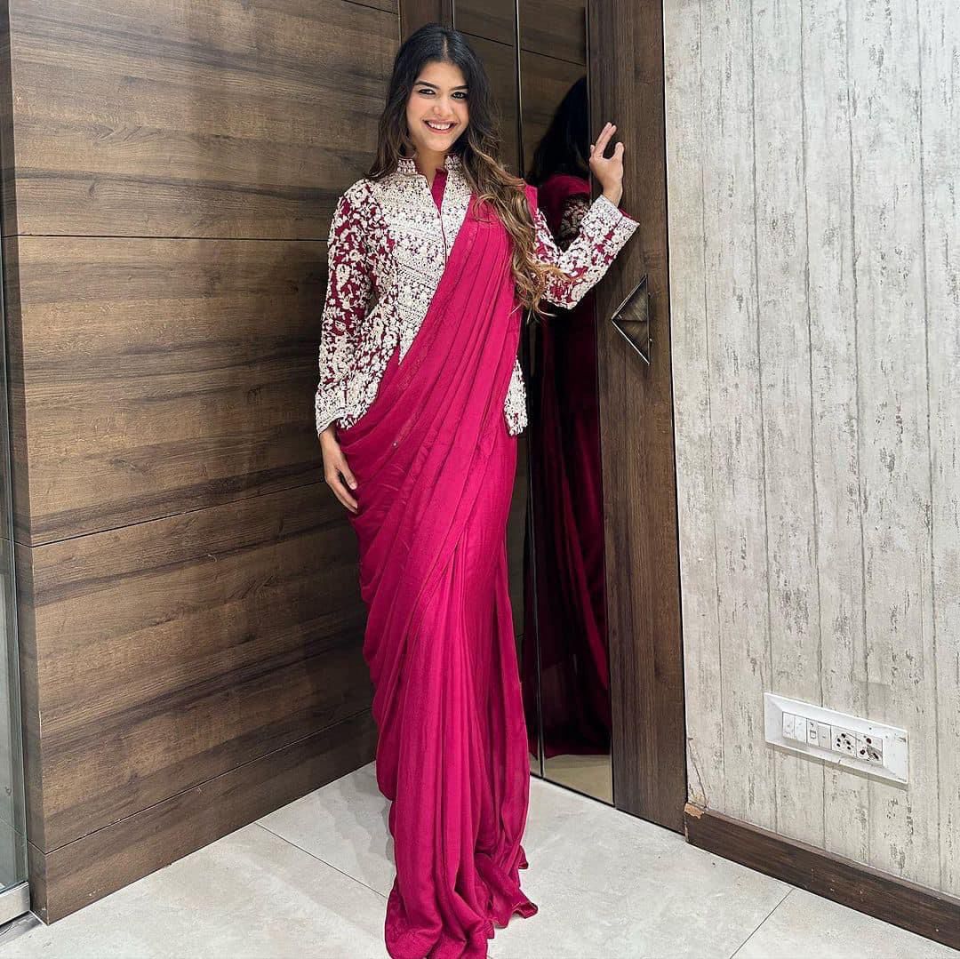 New Super Trending Embroidery cording work ready to wear saree with full Long Blouse