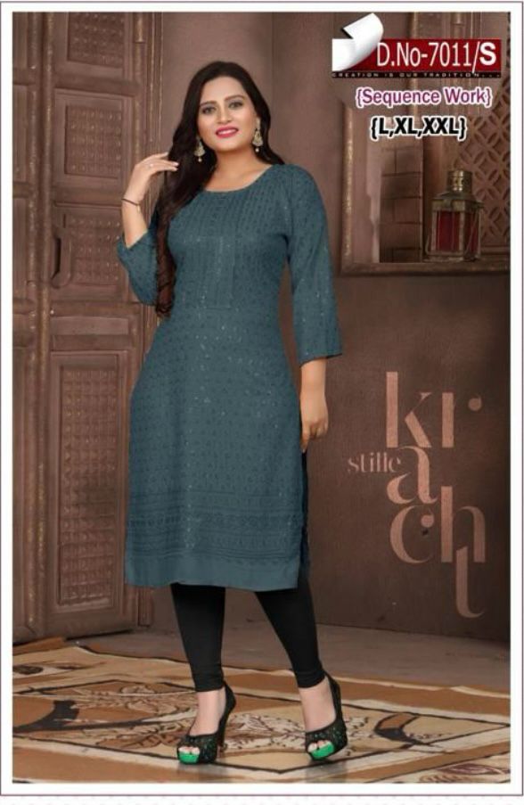 Straight Kurta Embroidered with Sequence Chikankari Dark Grey
