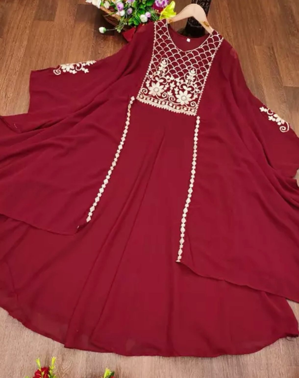 Party Wear Designer Heavy Machine Work Georgette Gown With Shrug