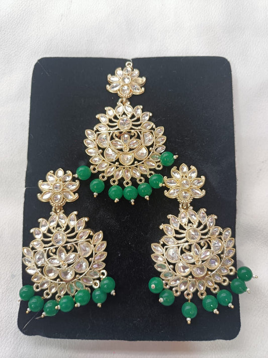 Green Gold Plated Pearl and Kundan Maang Tikka with Earrings for Women