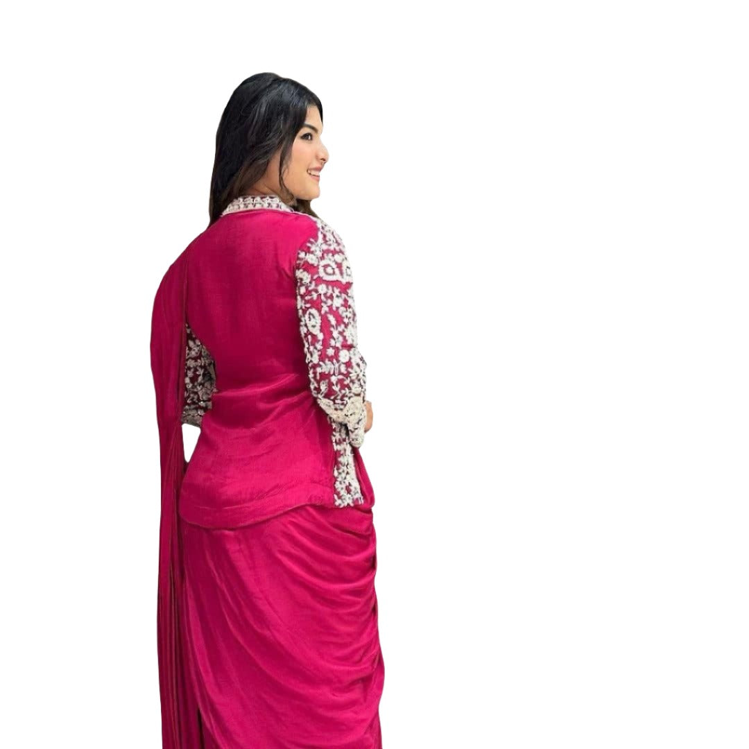 New Super Trending Embroidery cording work ready to wear saree with full Long Blouse
