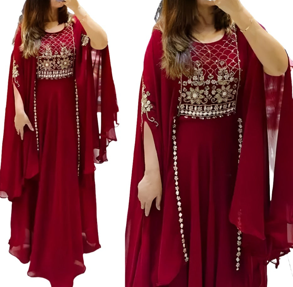 Party Wear Designer Heavy Machine Work Georgette Gown With Shrug
