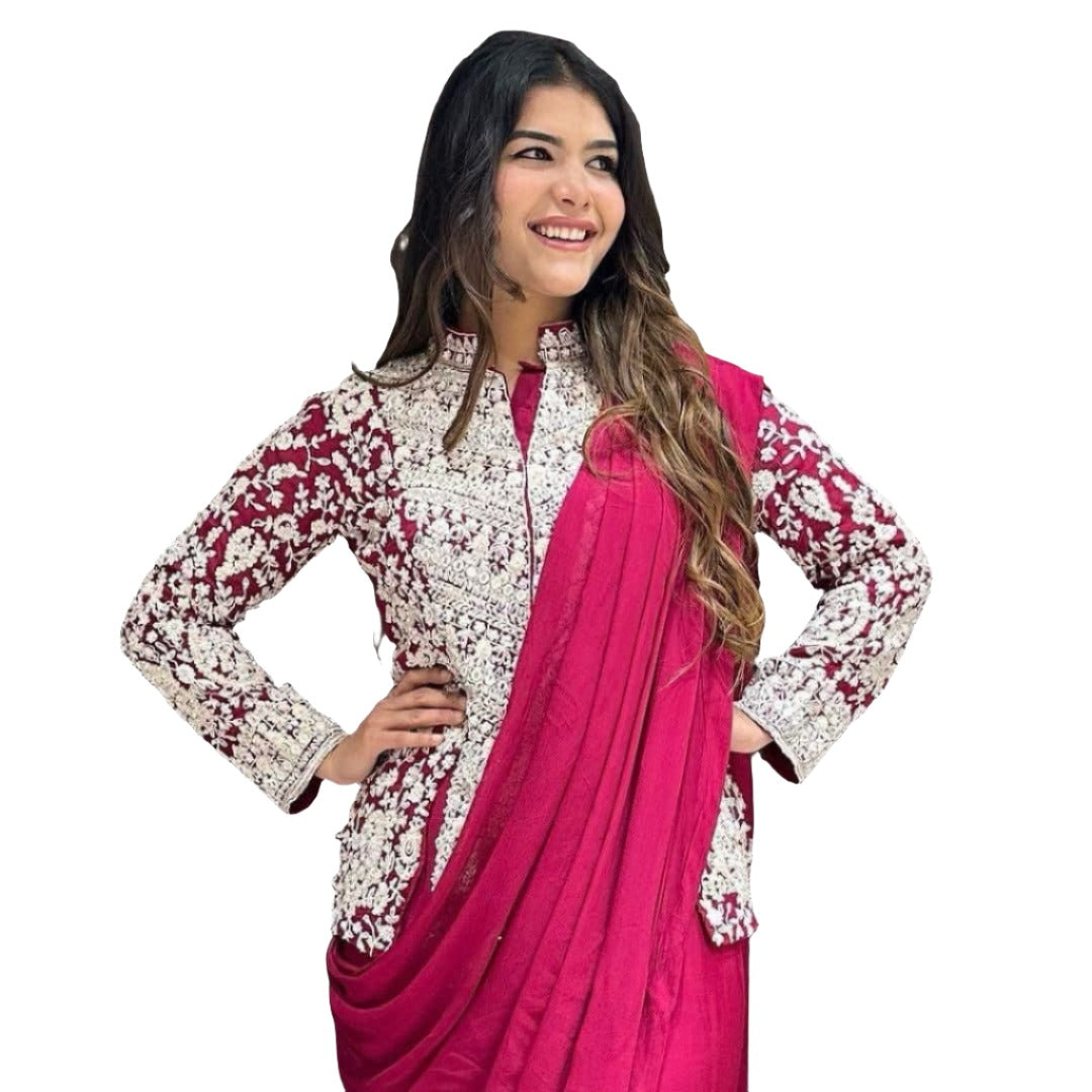 New Super Trending Embroidery cording work ready to wear saree with full Long Blouse
