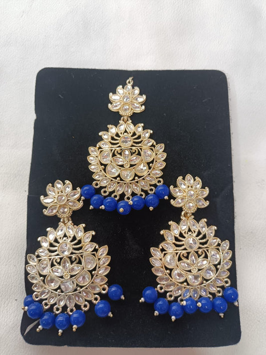 Blue Gold Plated Pearl and Kundan Traditional Maang Tikka with Earrings Set for WomenBlue Gold Plated Pearl and Kundan Traditional Maang Tikka with Earrings Set for Women