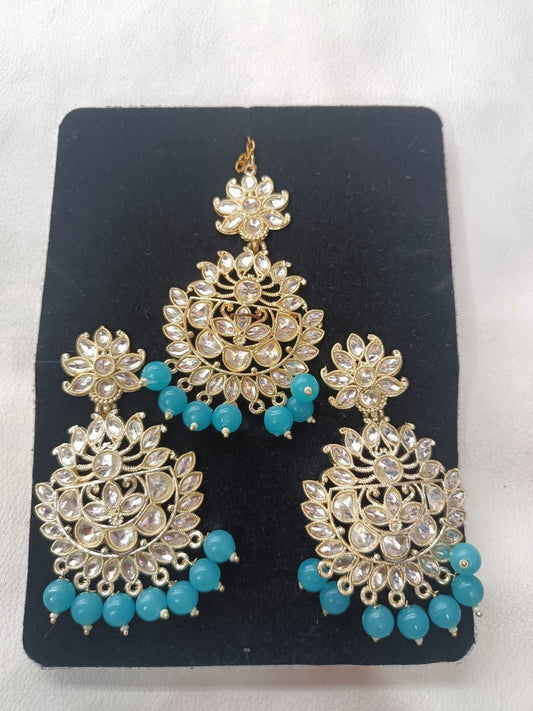 Sky Blue Gold Plated Pearl and Kundan Traditional Maang Tikka with Earrings Set for Women
