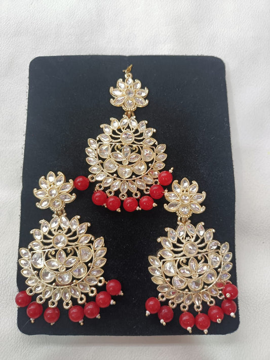 Red Gold Plated Pearl and Kundan Traditional Maang Tikka with Earrings Set for Women