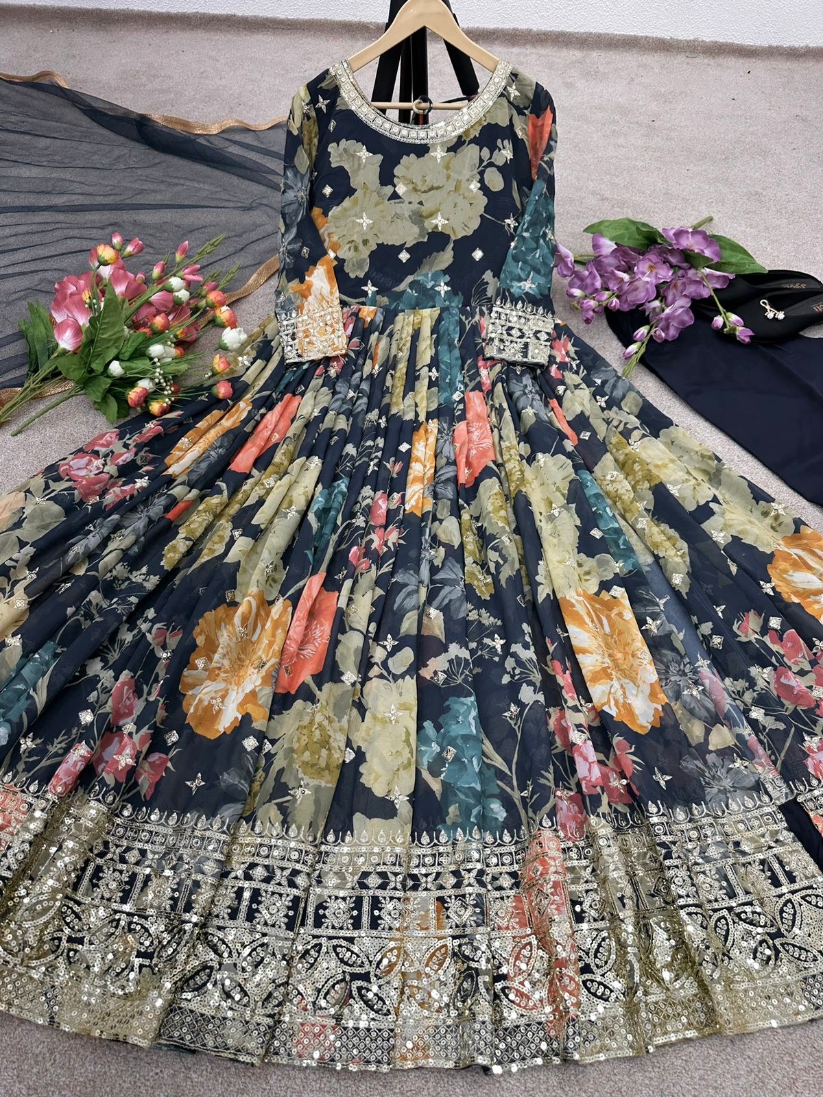 New Designer Party Wear Look Digital Print Top With Embroidery Sequence Work With Bottom and Dupatta