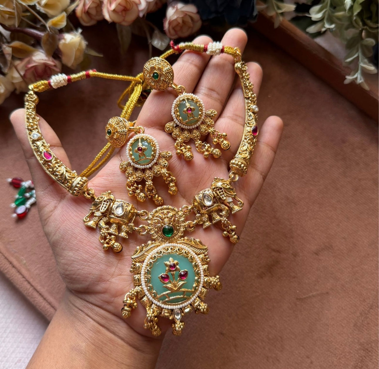 Traditional Antique Gold Plated Choker Jewelry Set for Women in Germany (Onam Special)