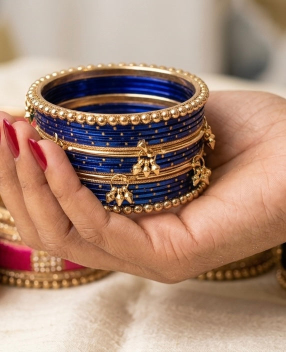 Royal Blue Indian Bridal Gold Metal Bangles Set, Golden Chudiya, Ethnic Chudiya Bangles Set, Traditional Bangles,