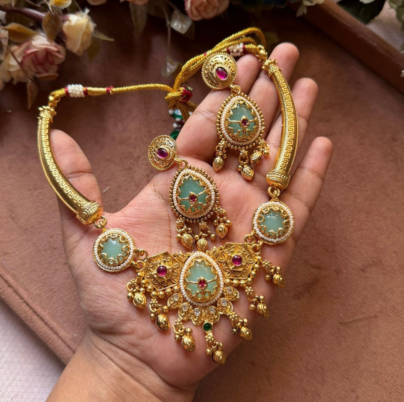 Traditional Antique Gold Plated Choker Jewelry Set for Women in Germany(Onam Jewellery)