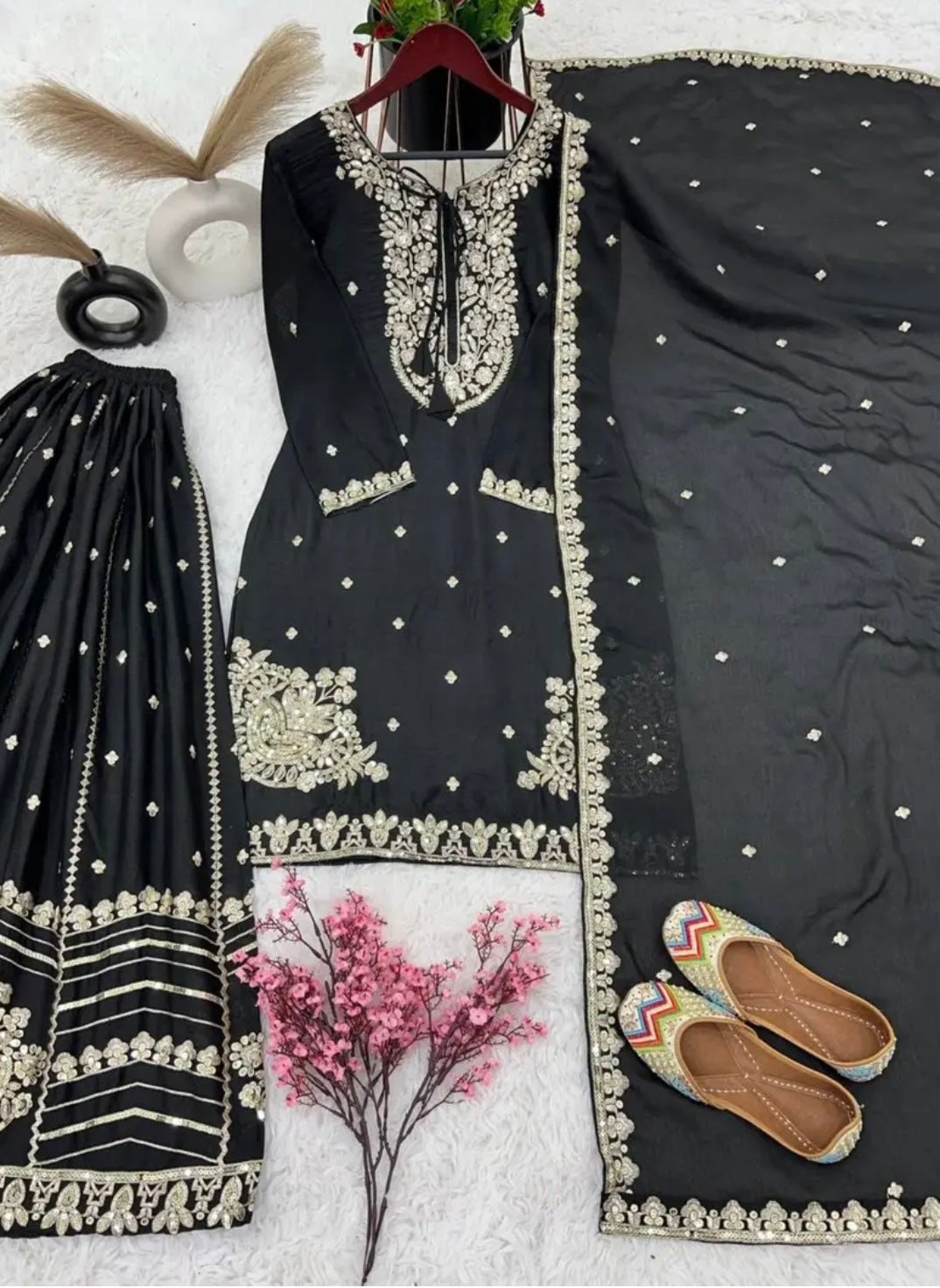 Pure Chinnon With Heavy Embroidery Sequence Work Plazzo Suits