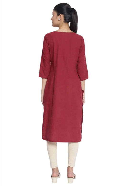 Maroon Round Neck Printed Kurta embroidery and fabric detail - Neha Couture Indian Fashion
