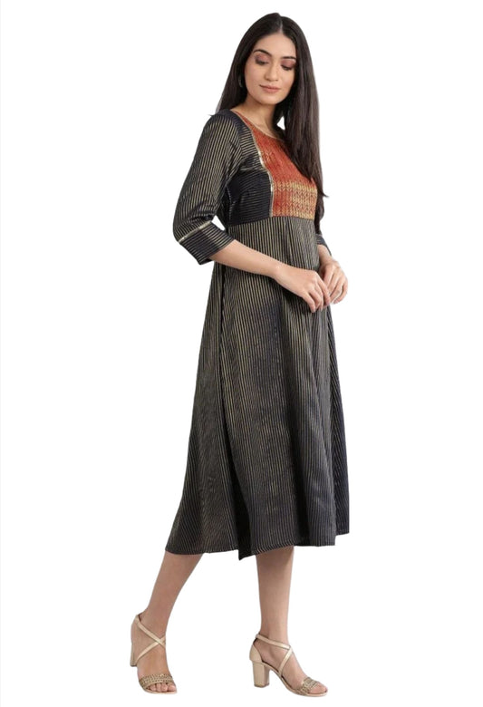 Navy Round Neck Printed flared dress in berlin
