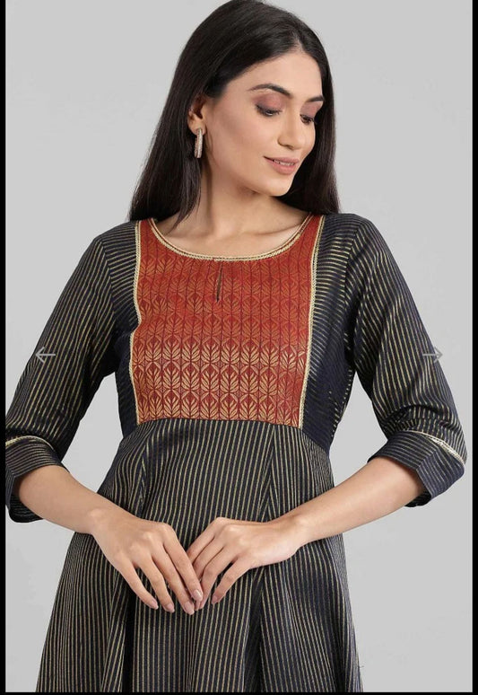 Navy Round Neck Printed flared dress embroidery and fabric detail - Neha Couture Indian Fashion
