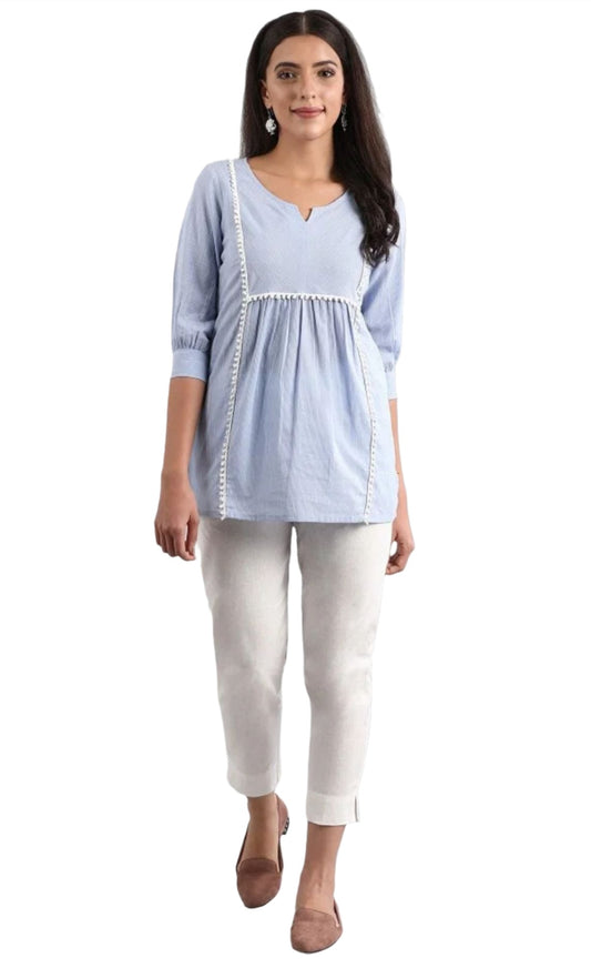 Blue Round Neck yarn-dyed top embroidery and fabric detail - Neha Couture Indian Fashion