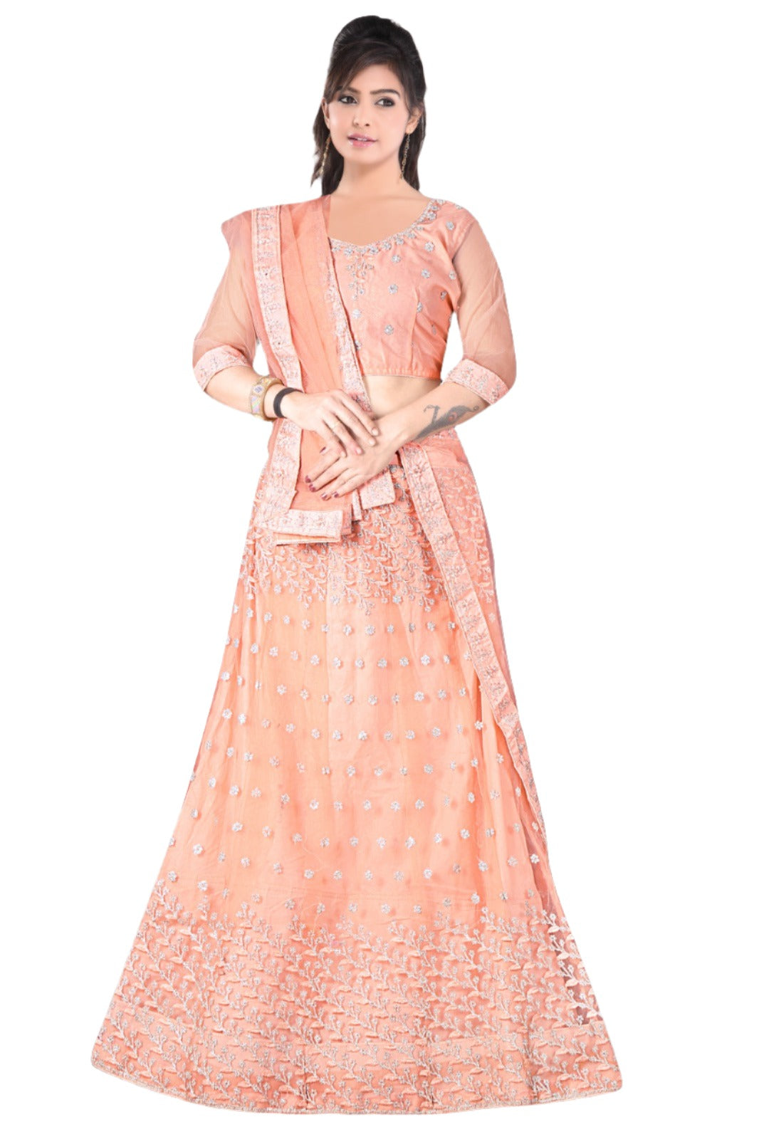 Tittle:- Complete Stitched Embroidered Lehenga Choli In Germany (Peach )/Bridal Lehenga In Germany