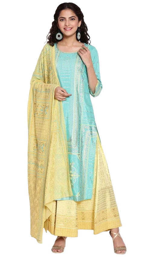 Mint leaf Green kurta yellow semi flared plazzo dupatta set in Germany