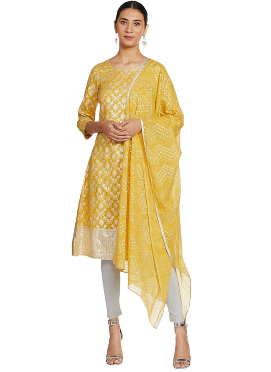 Yellow foil Print kurta in round neck and dupatta set in Poland