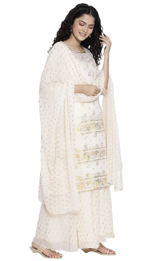 Ivory Printed kurta flared Palazzo dupatta set embroidery and fabric detail - Neha Couture Indian Fashion