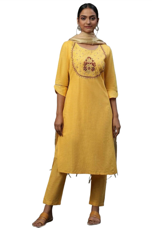 Yellow embroided kurta plazzo Golden dupatta set in Poland