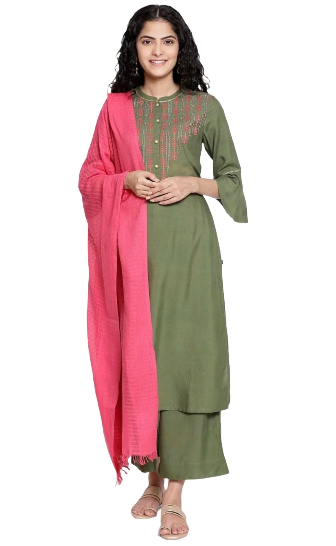 Green embroided Kurta trousers Pink Dupatta set in Munich