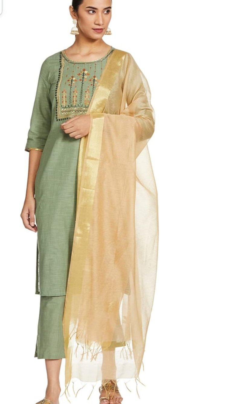 Cotton Green solid Round neck straight kurta set Germany