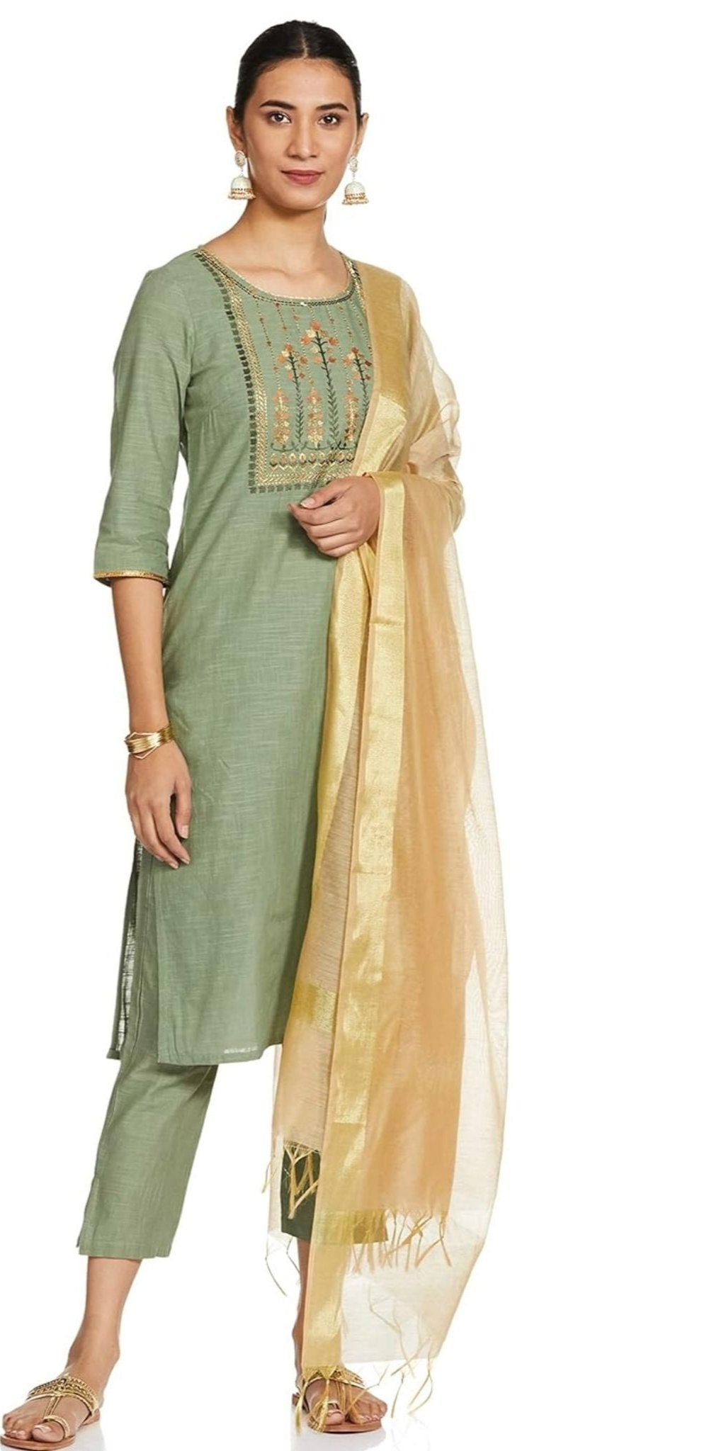 Cotton Green solid Round neck straight kurta set Germany