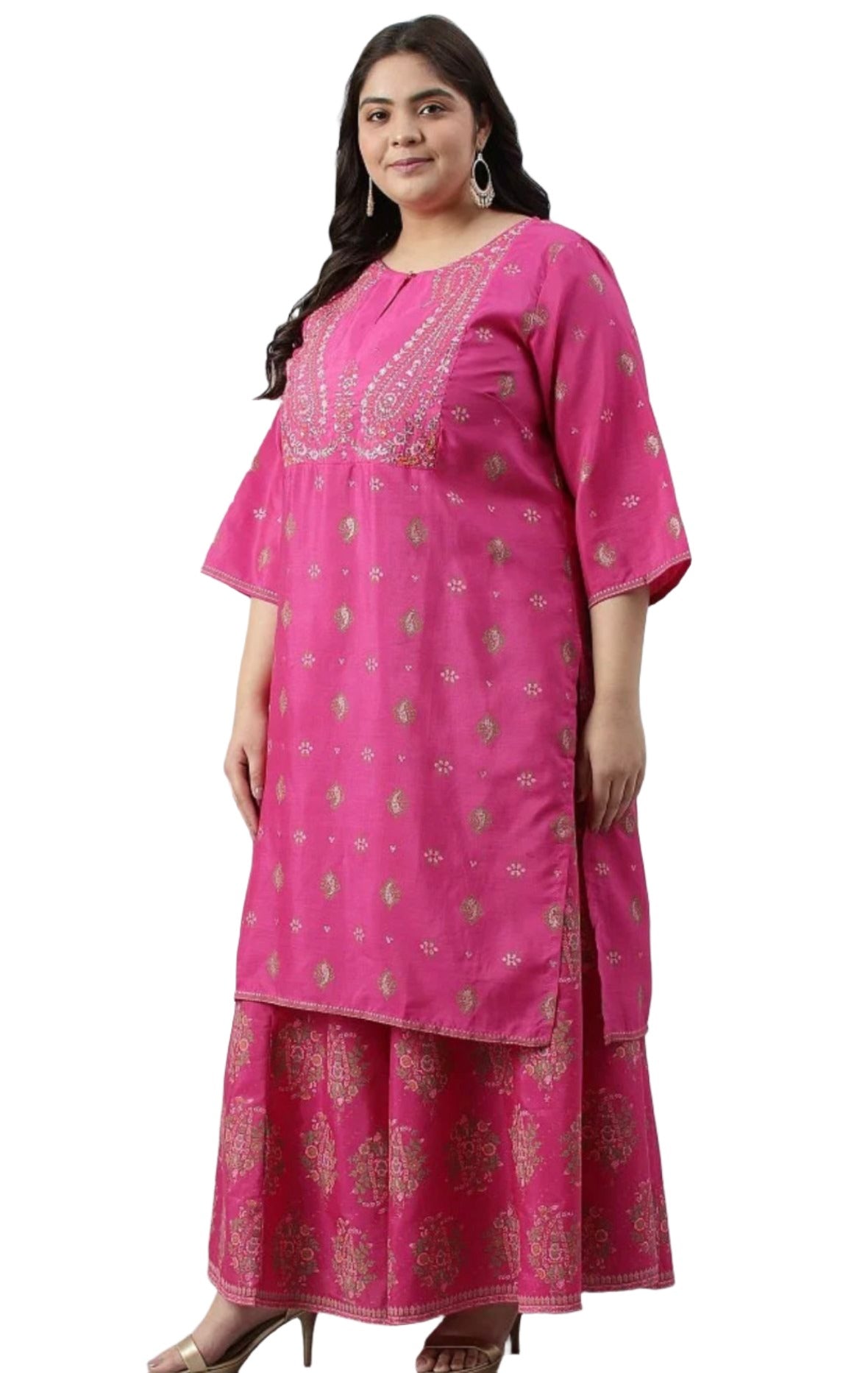 Pink Printed kurta with culottes and Green dupatta set in Poland