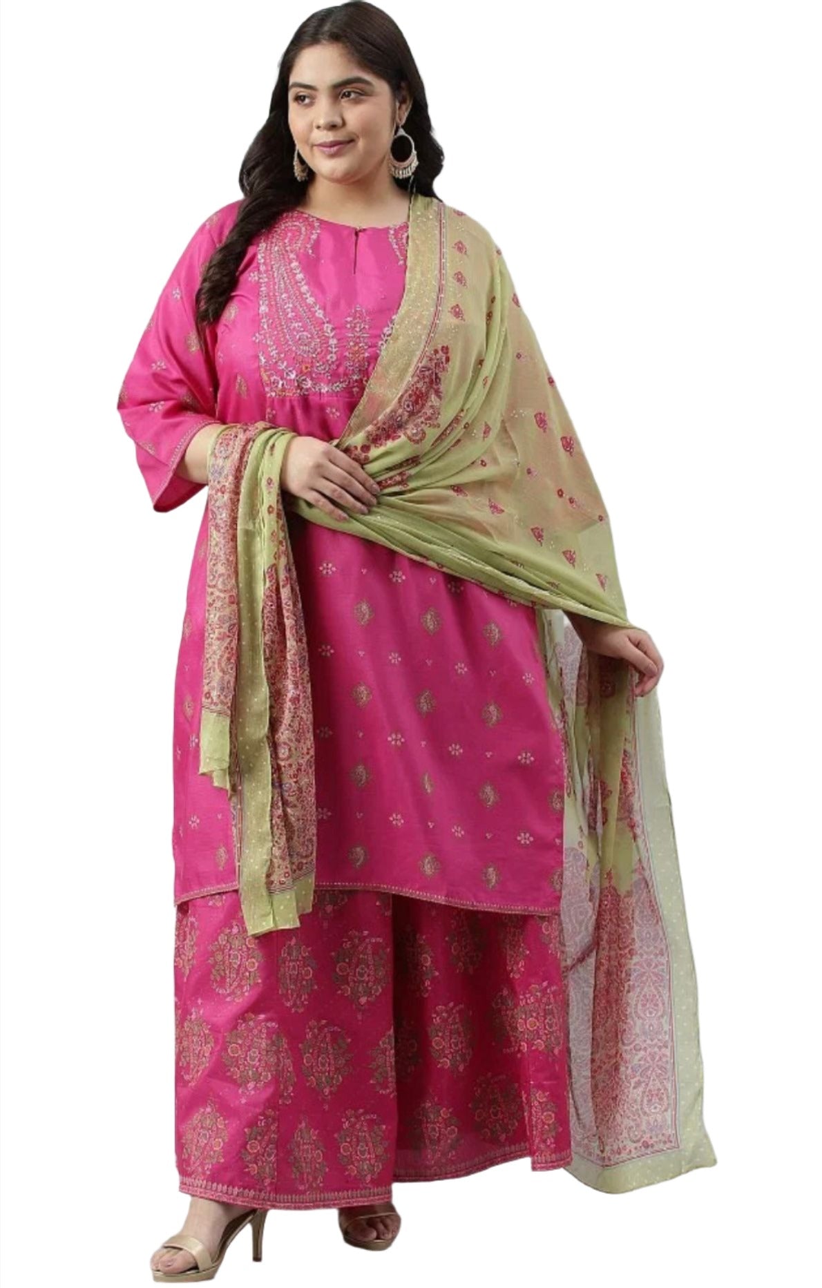 Pink Printed kurta with culottes and Green dupatta set in Poland