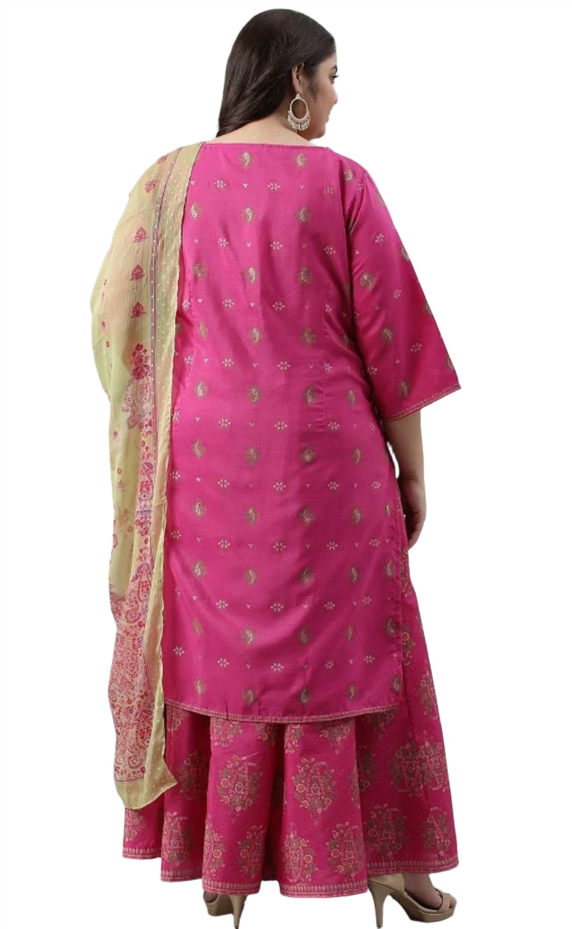 Pink Printed kurta with culottes and Green dupatta set in Poland
