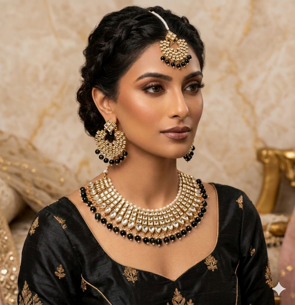 Gold Plated Kundan Studded Choker Necklace Earrings & Maang Tikka Set (Copy)