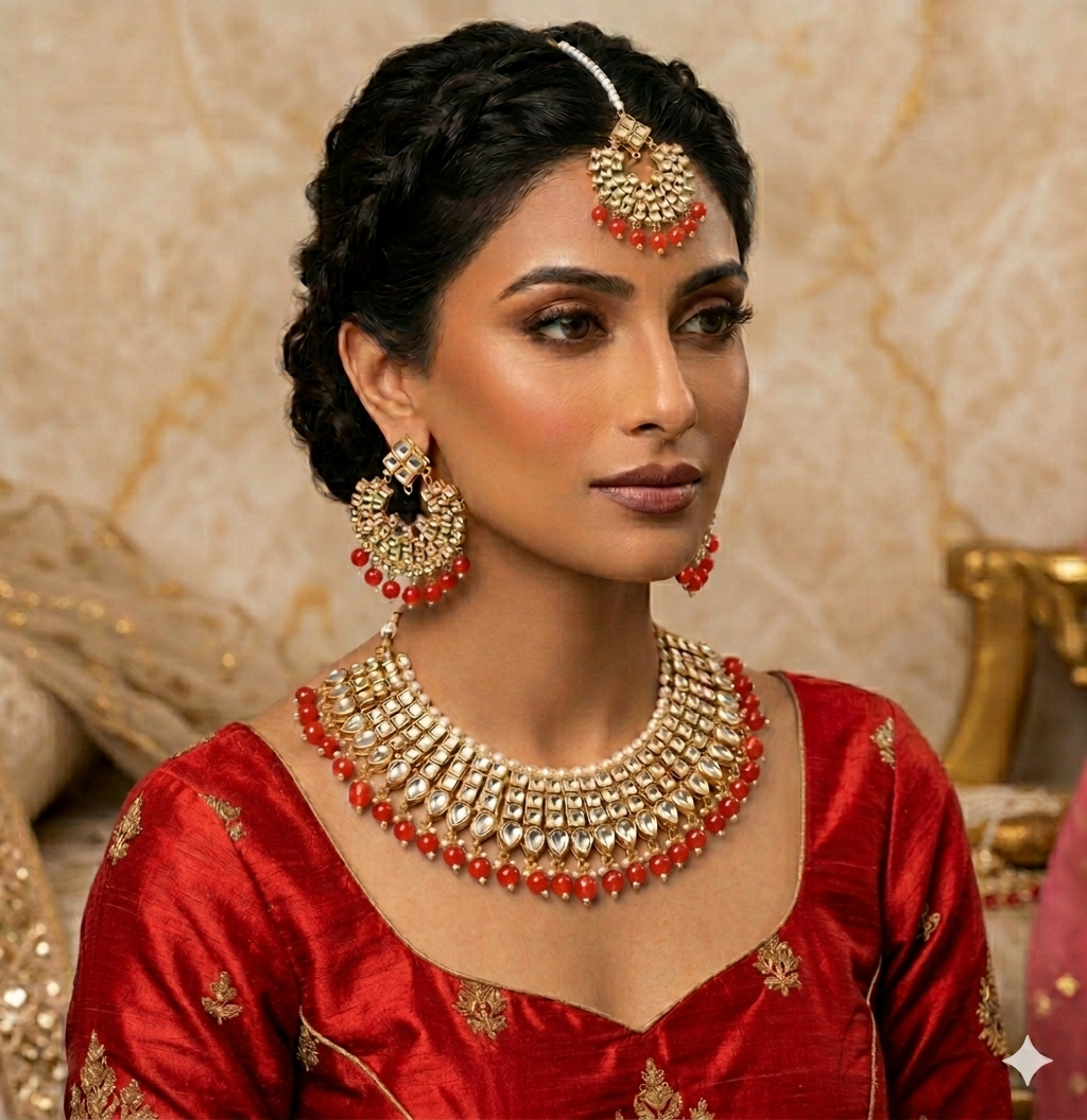 Gold Plated Kundan Studded Choker Necklace Earrings & Maang Tikka Set (Copy 2)