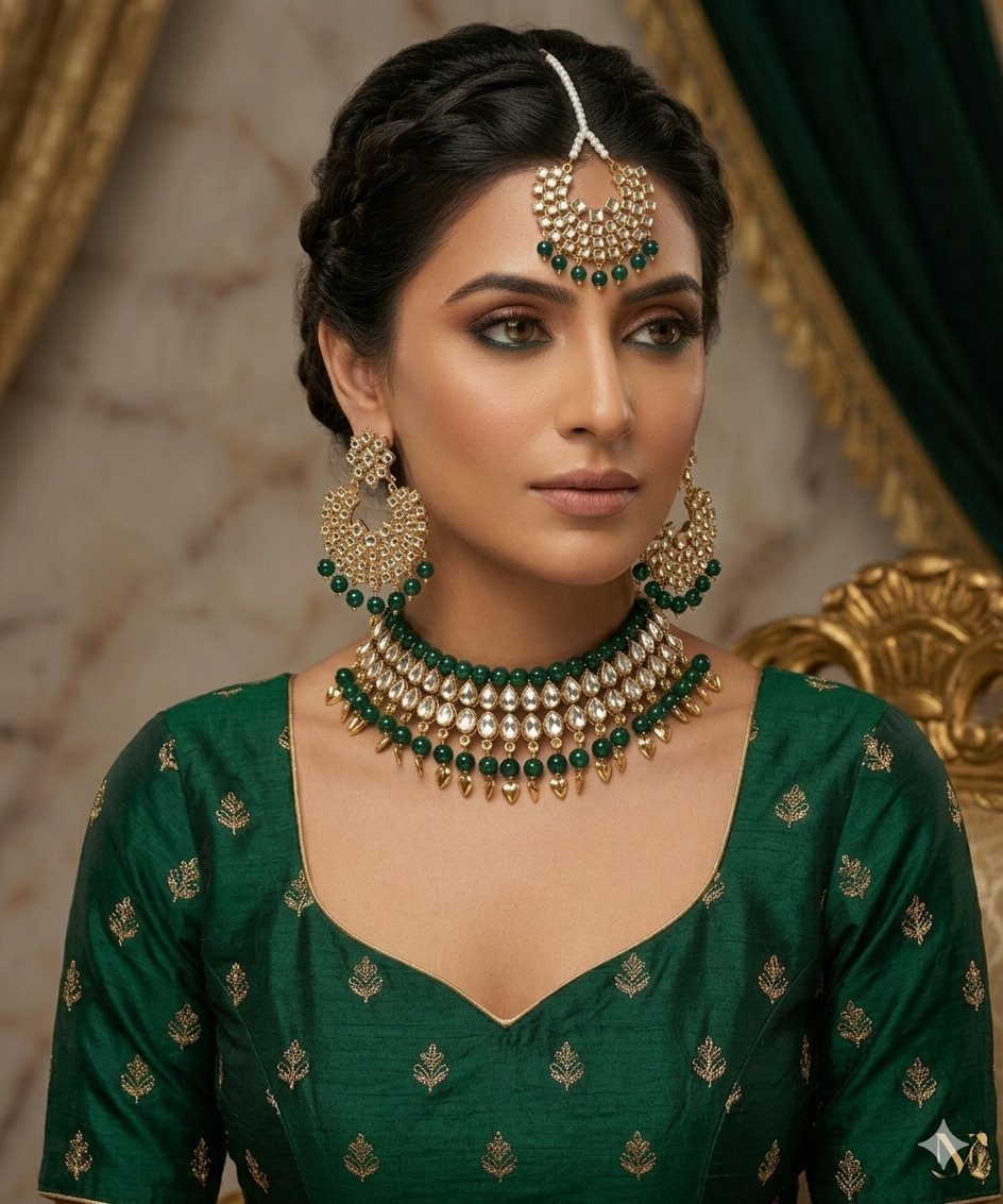 Gold Plated Kundan Studded Choker Necklace Earrings & Maang Tikka Set