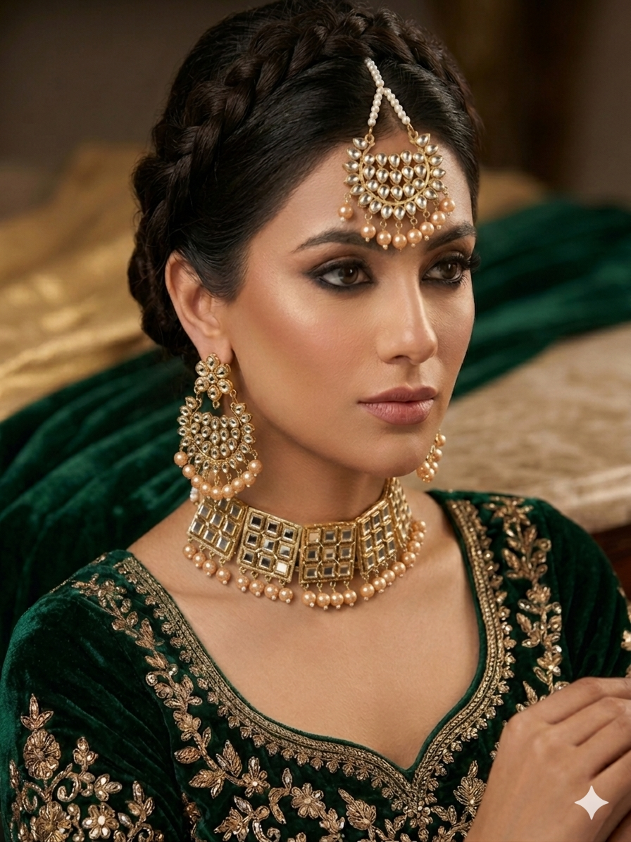 Gold Plated Kundan Studded Choker Necklace Earrings & Maang Tikka Set