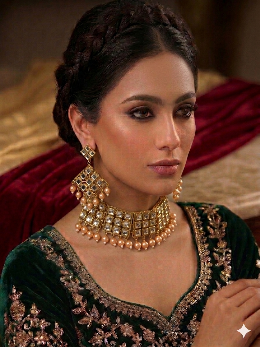 Gold Plated Kundan Studded Choker Necklace Earrings