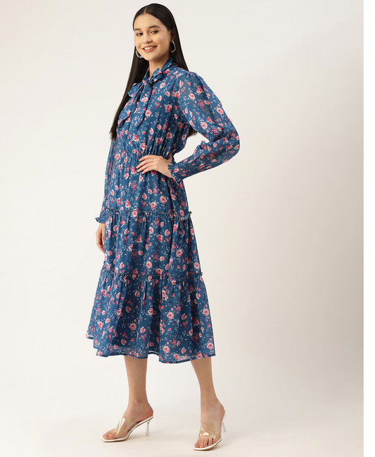 Blue Floral Printed Smocked Detailed Tiered Georgette Fit & Flare Dress embroidery and fabric detail - Neha Couture Indian Fashion