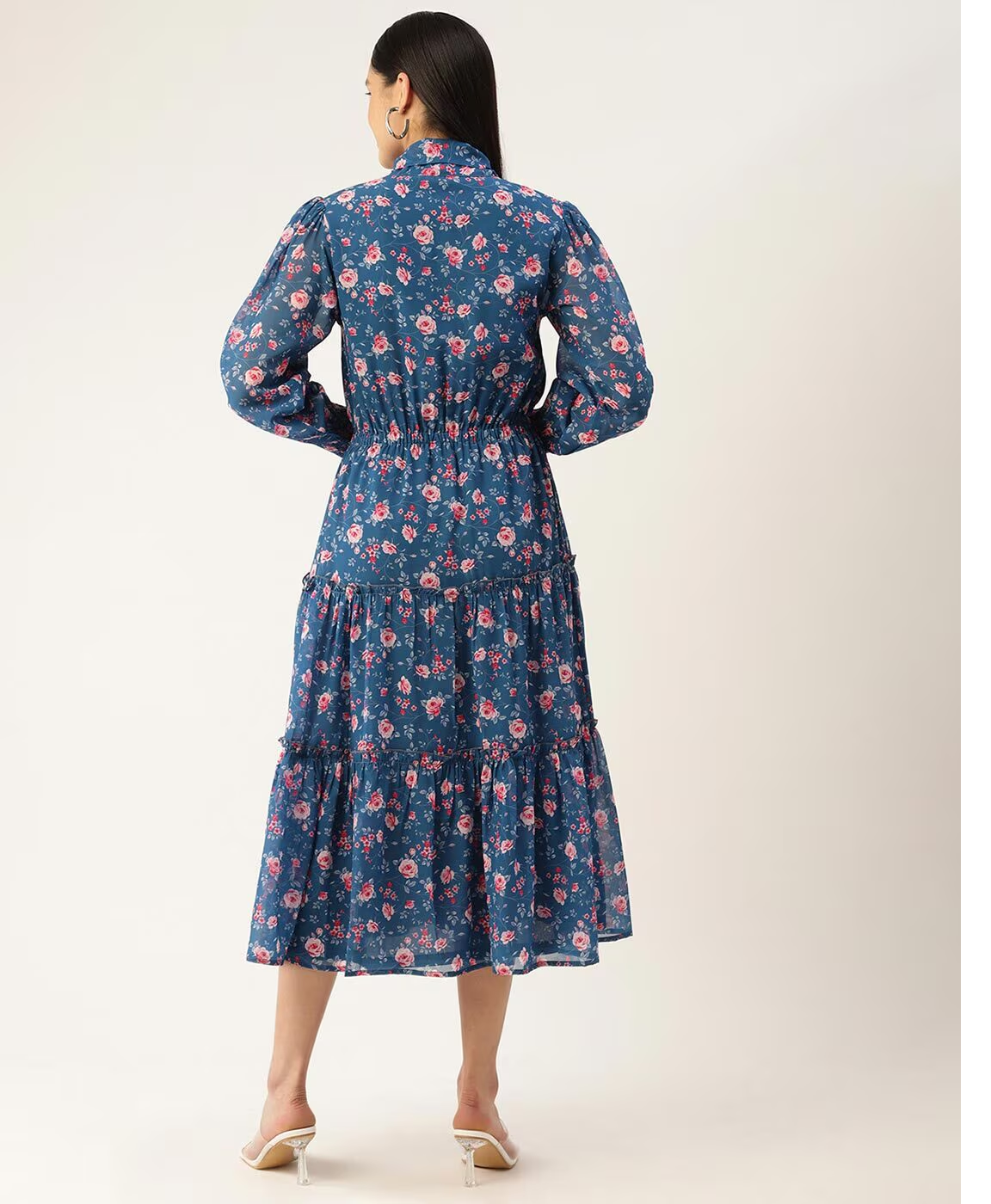 Blue Floral Printed Smocked Detailed Tiered Georgette Fit & Flare Dress in Berlin