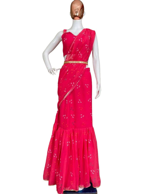 Boutique style new Fancy party wear Georgette printed fully stitched lengha saree with blouse and Belt.(Deginer Outfit)