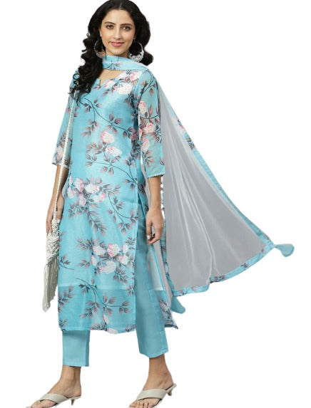 Blue Abstract Printed Pure Cotton Kurta with Palazzos & With Dupatta