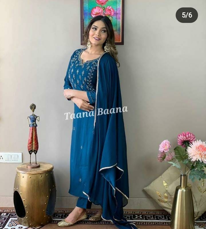 Rayon Slub Kurti with sliver thread work with Pant and Dupatta