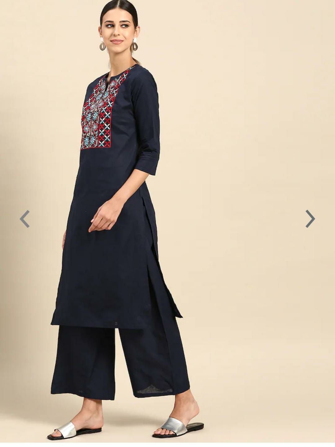 Navy Blue Design Thread Work Pure Cotton Kurta With Palazzos(Indian outfit)