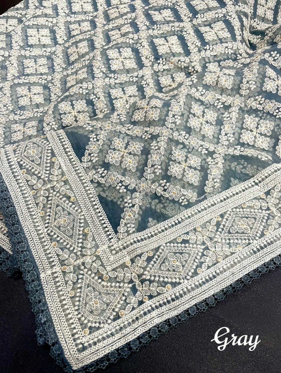 Pure Orgenza Chiken Work All Over with GOP Lace Border Saree