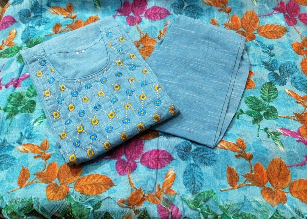 Machine Thread Embroidery Kurta With Pant and Dupatta